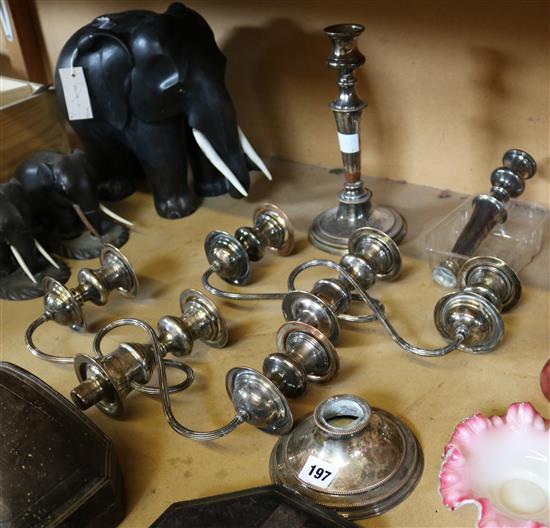 Pair of plated candelabra, cased salts and tea pot